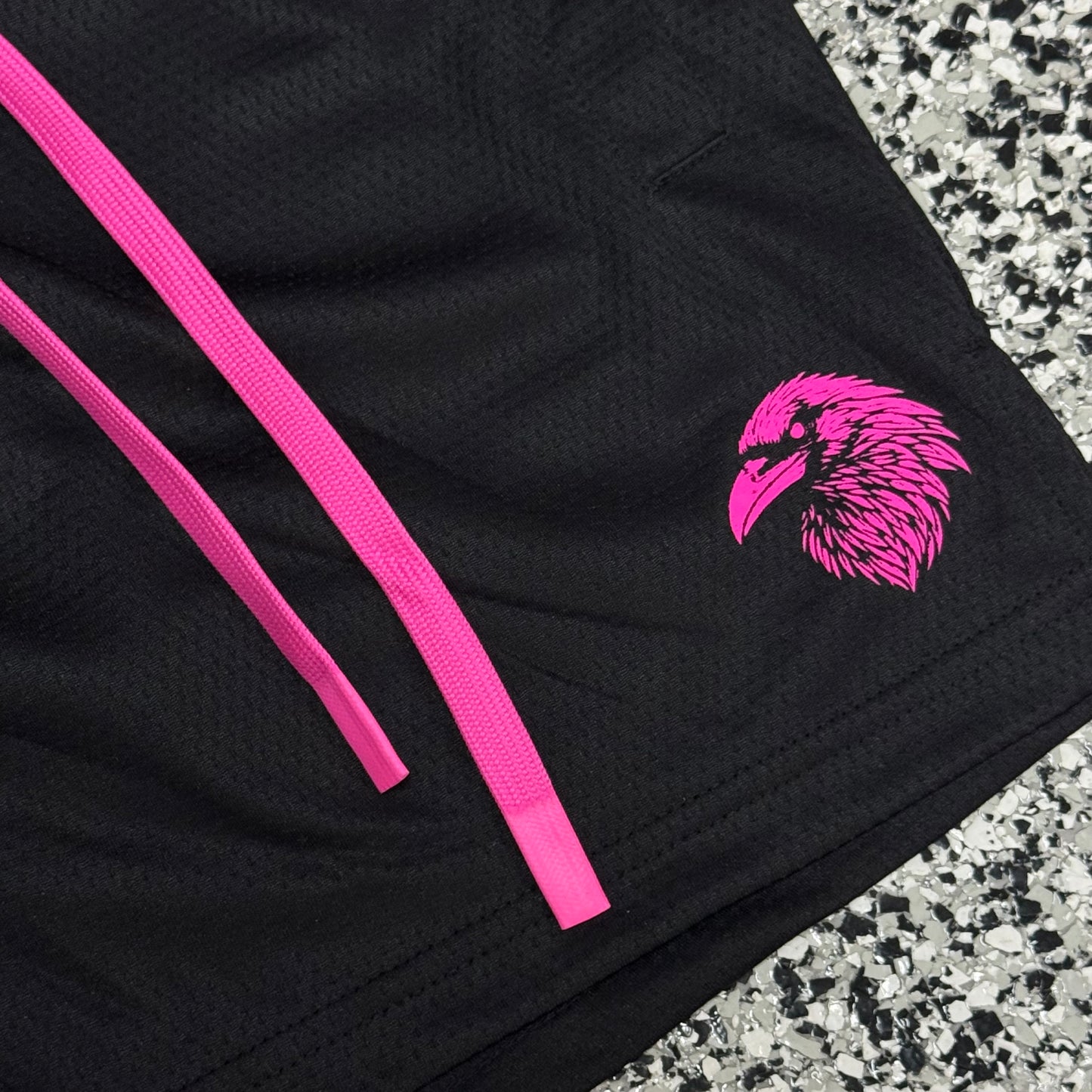 "FLAMES" MID THIGH MESH SHORTS - BLACK / PINK