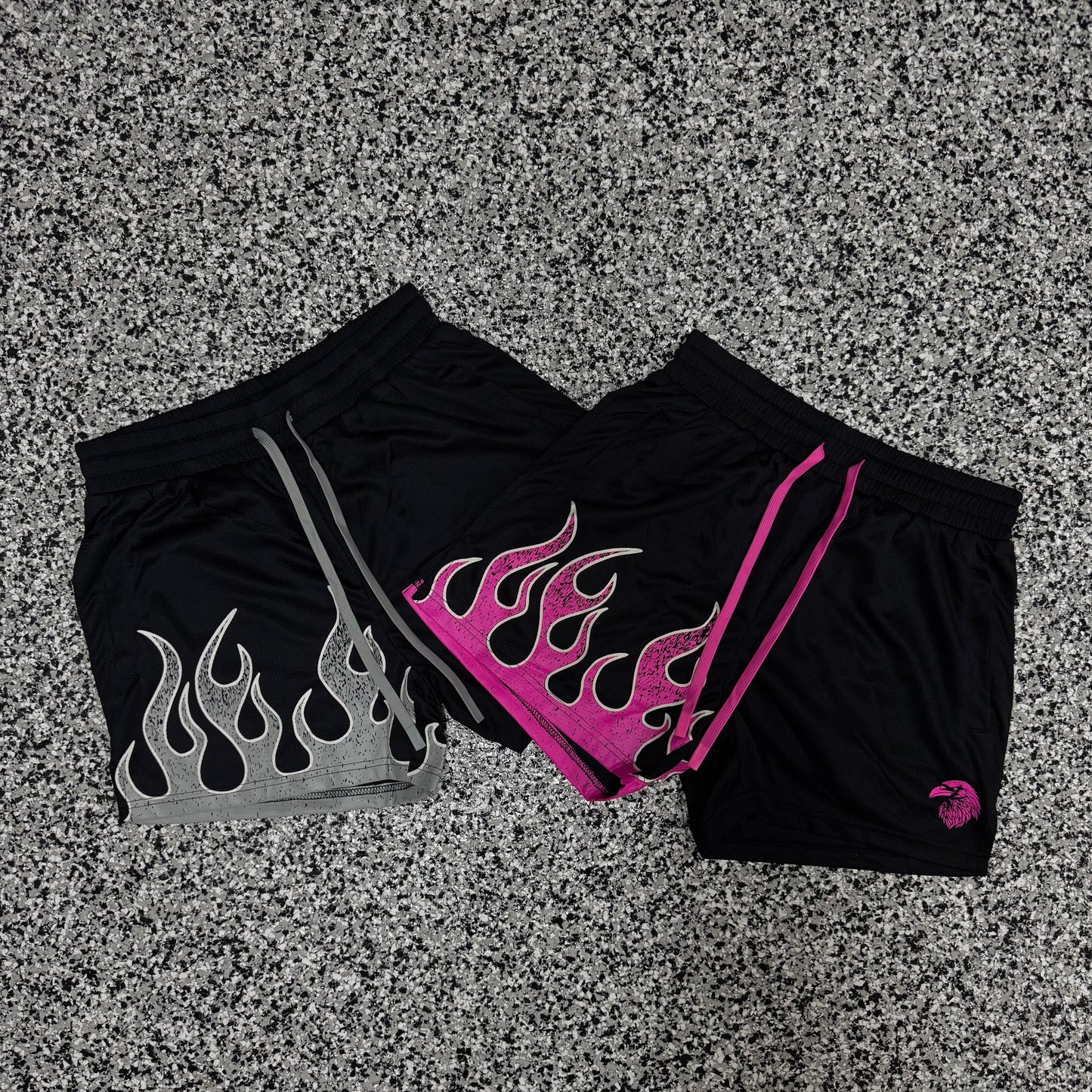 "FLAMES" MID THIGH MESH SHORTS - BLACK / PINK