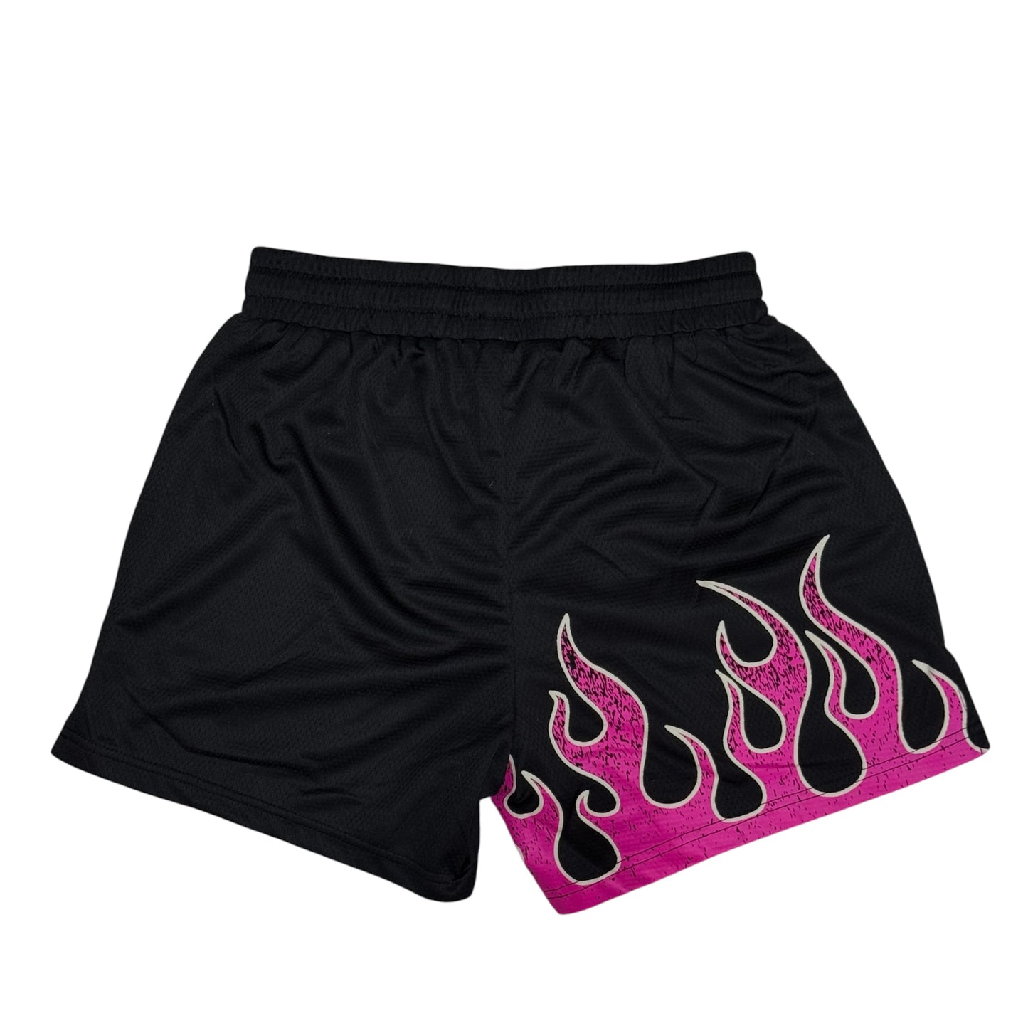 "FLAMES" MID THIGH MESH SHORTS - BLACK / PINK