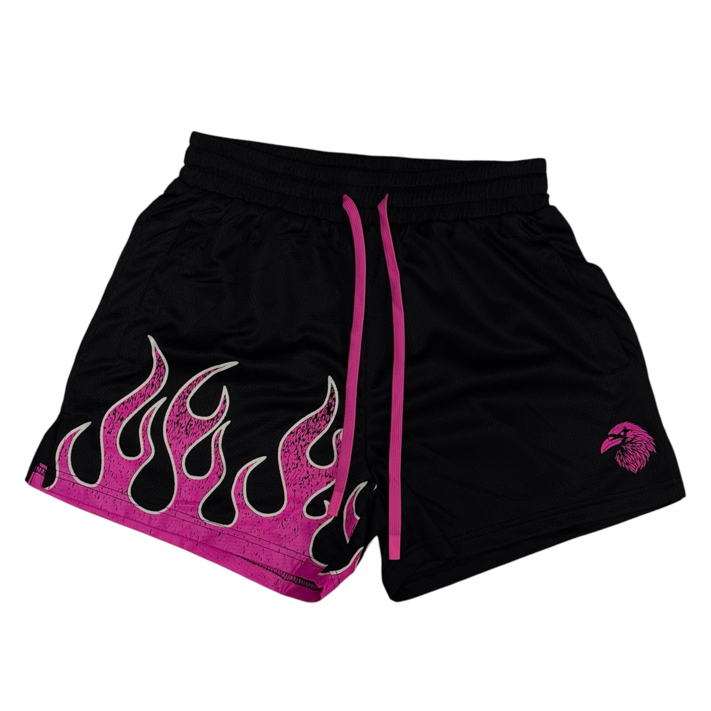 "FLAMES" MID THIGH MESH SHORTS - BLACK / PINK