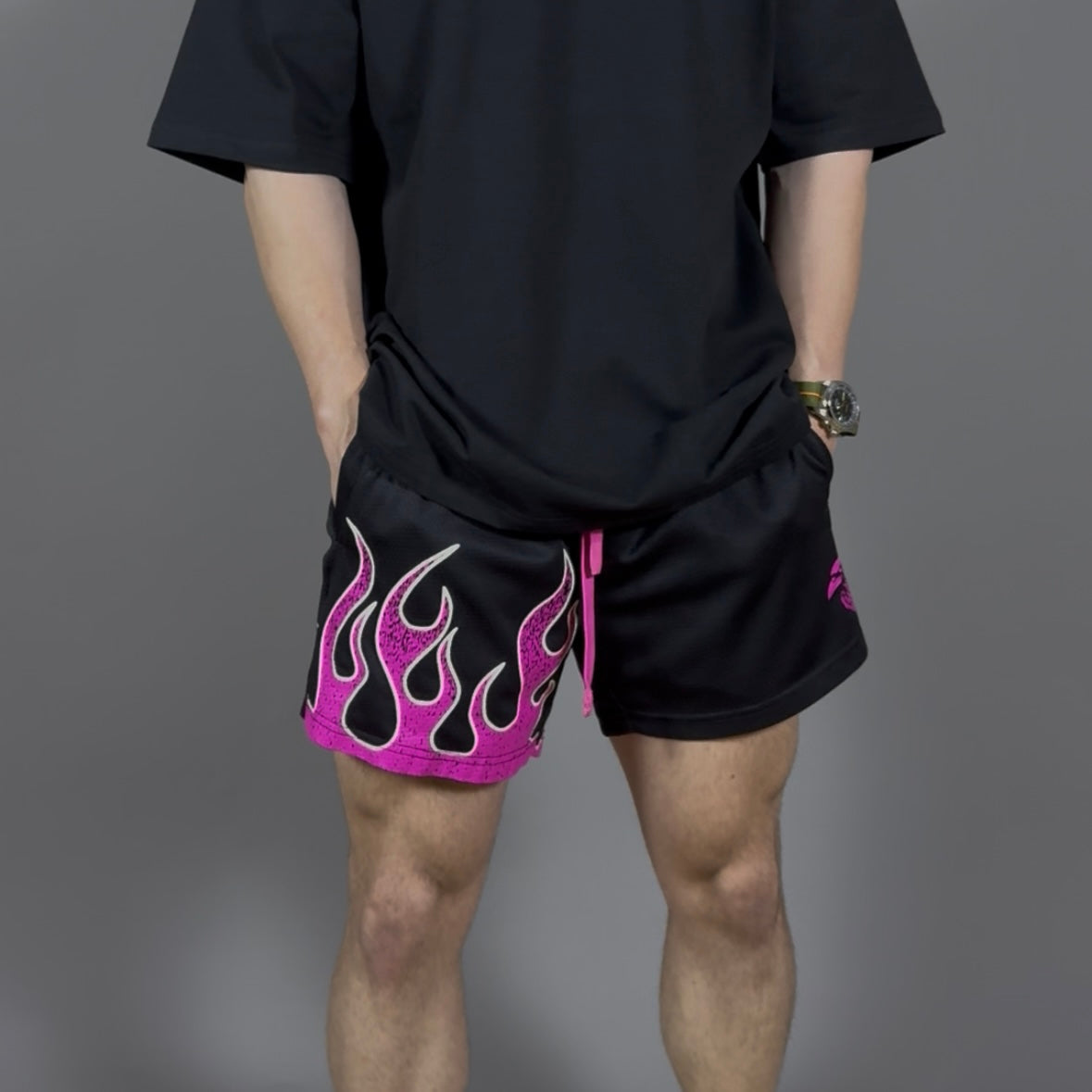 "FLAMES" MID THIGH MESH SHORTS - BLACK / PINK