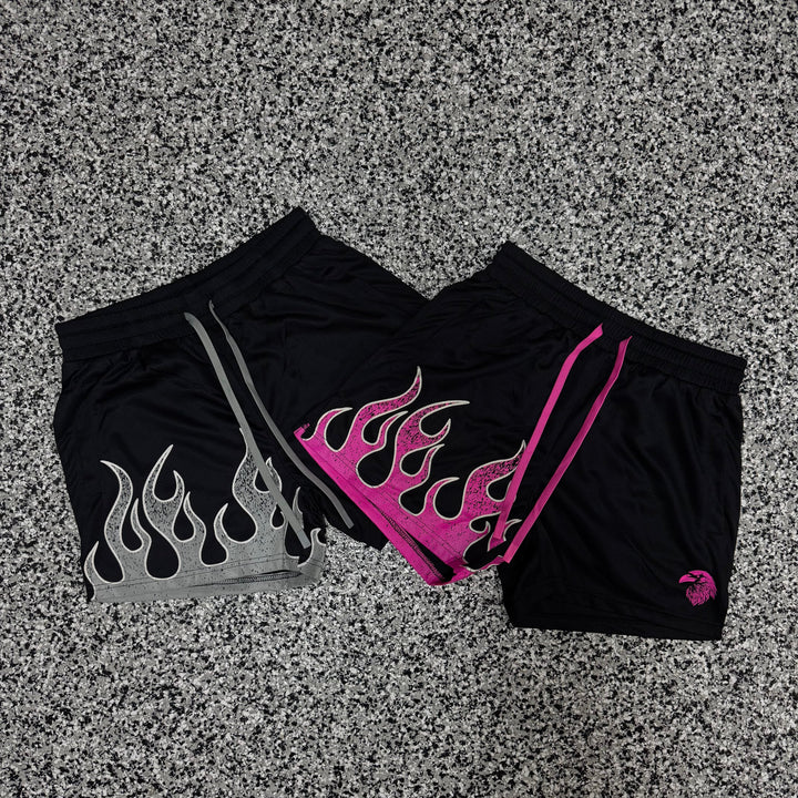 "FLAMES" MID THIGH MESH SHORTS - BLACK / GRAY