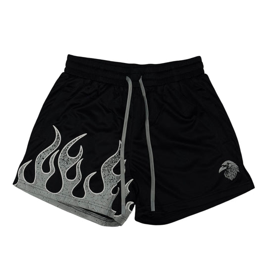 "FLAMES" MID THIGH MESH SHORTS - BLACK / GRAY