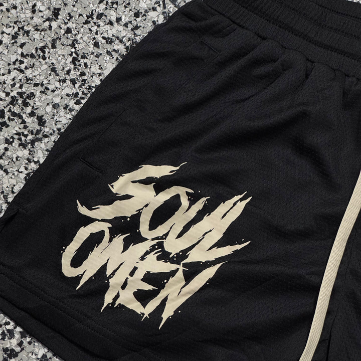 MID THIGH MESH SHORTS - BLACK / CREAM