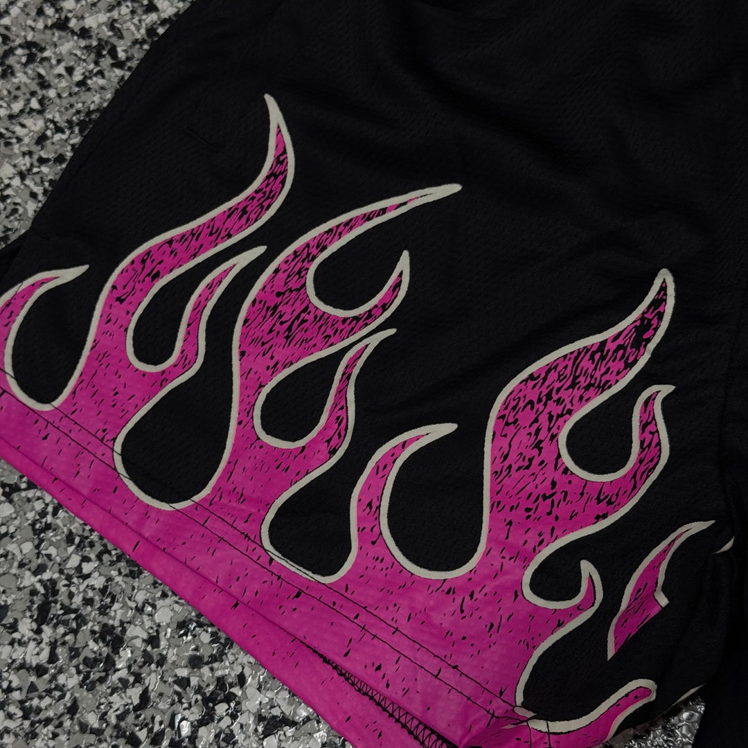"FLAMES" MID THIGH MESH SHORTS - BLACK / PINK