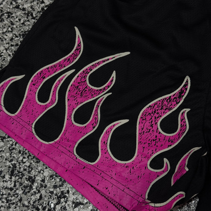 "FLAMES" MID THIGH MESH SHORTS - BLACK / PINK