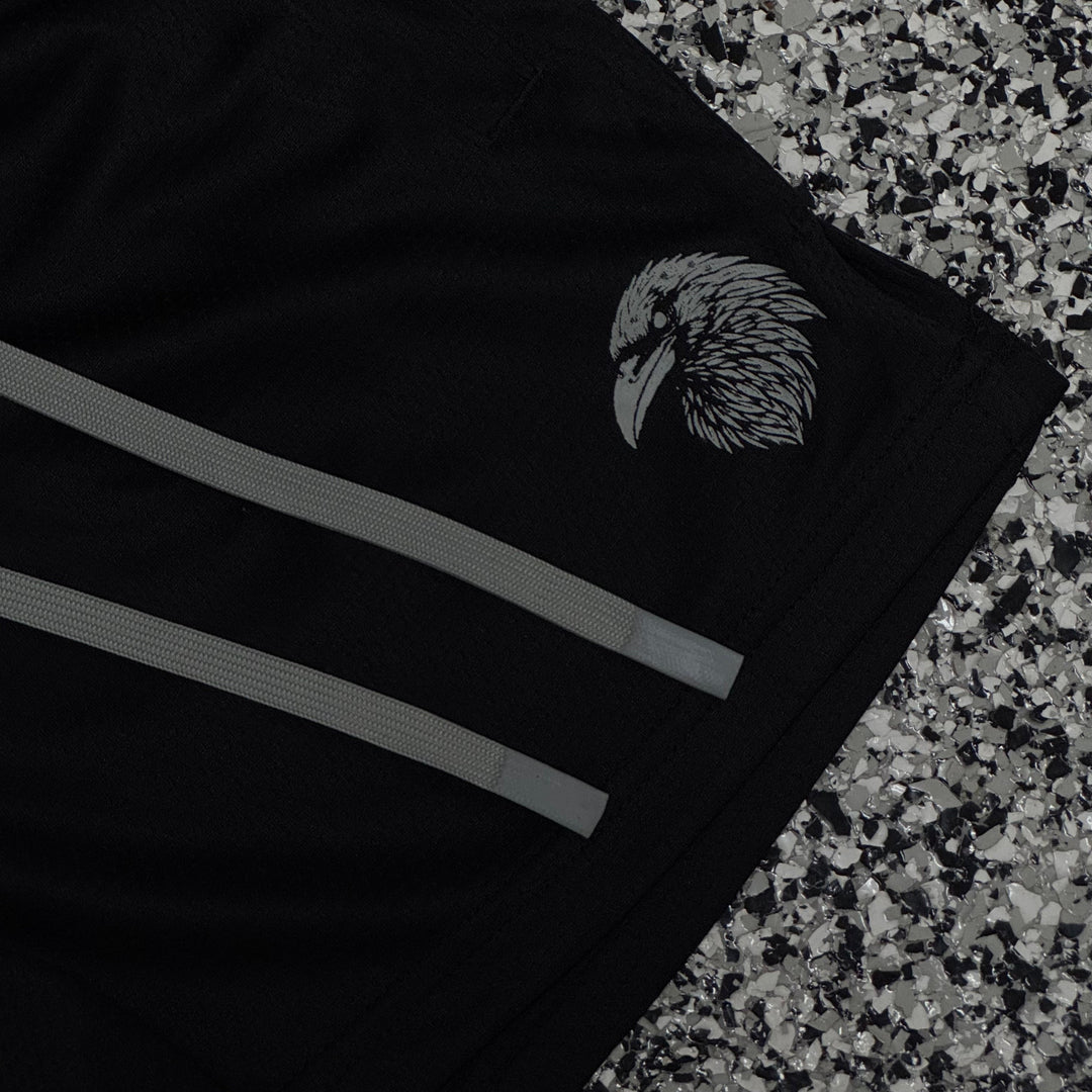 "FLAMES" MID THIGH MESH SHORTS - BLACK / GRAY