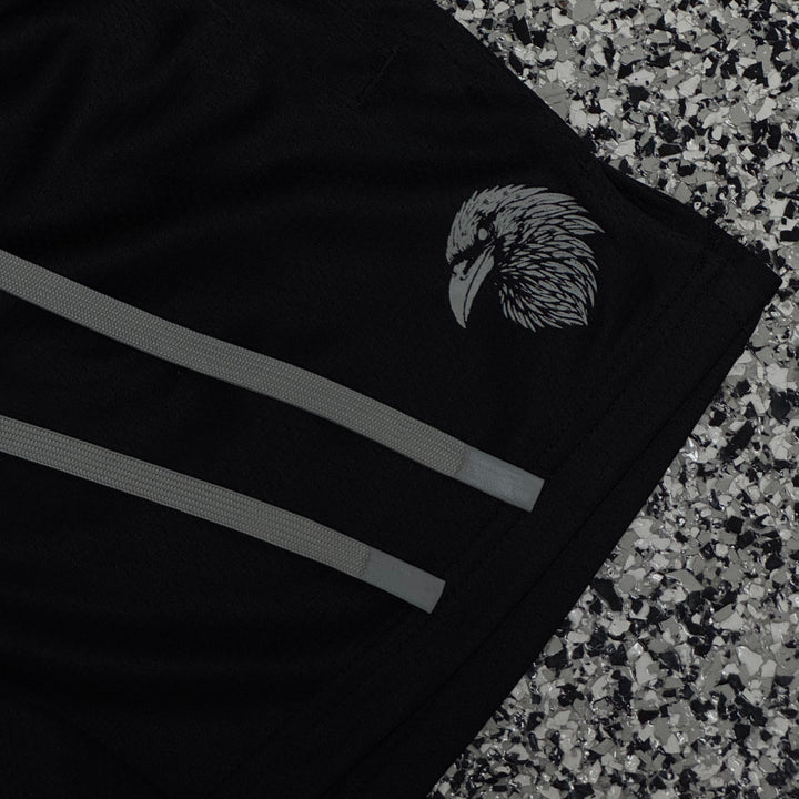 "FLAMES" MID THIGH MESH SHORTS - BLACK / GRAY