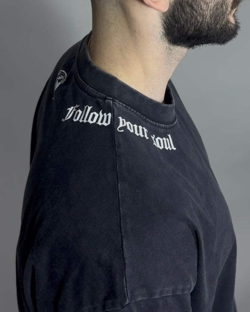 "FOLLOW YOUR SOUL" PREMIUM OVERSIZED TEE - STONE WASHED BLACK