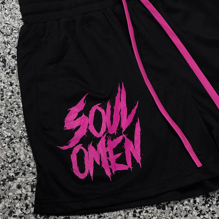MID THIGH MESH SHORTS - BLACK / PINK