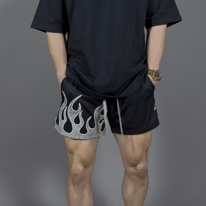 "FLAMES" MID THIGH MESH SHORTS - BLACK / GRAY