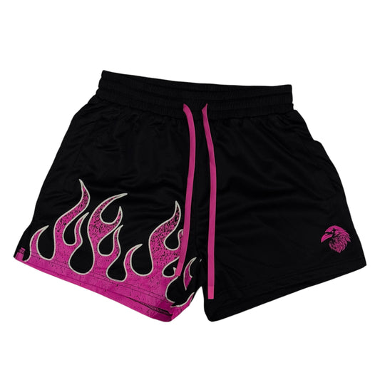 "FLAMES" MID THIGH MESH SHORTS - BLACK / PINK