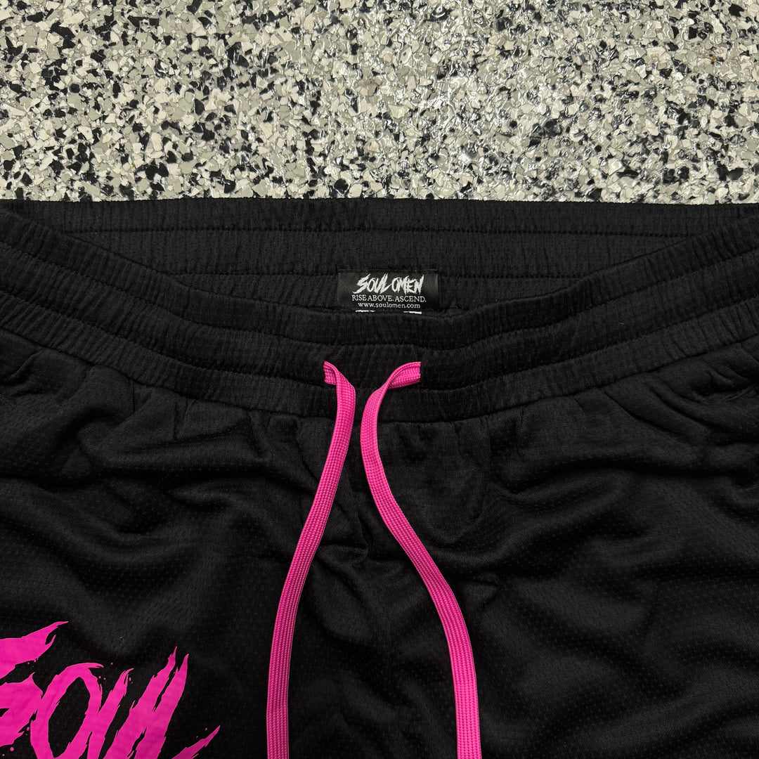 MID THIGH MESH SHORTS - BLACK / PINK