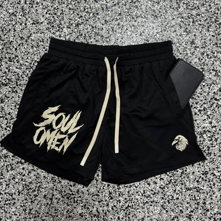MID THIGH MESH SHORTS - BLACK / CREAM