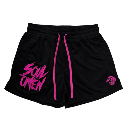 MID THIGH MESH SHORTS - BLACK / PINK