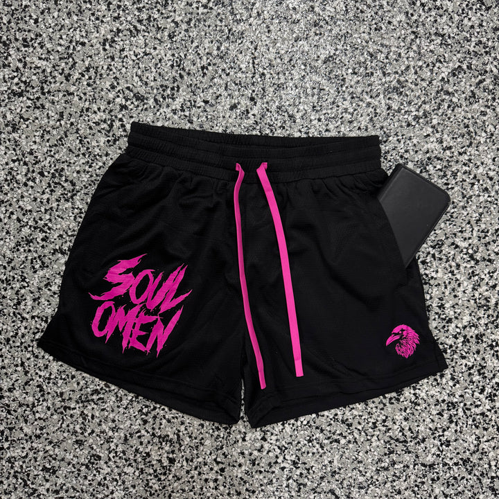 MID THIGH MESH SHORTS - BLACK / PINK