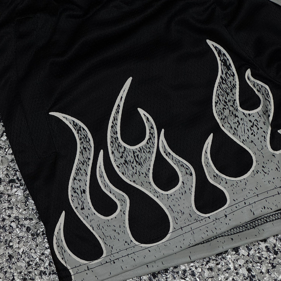 "FLAMES" MID THIGH MESH SHORTS - BLACK / GRAY