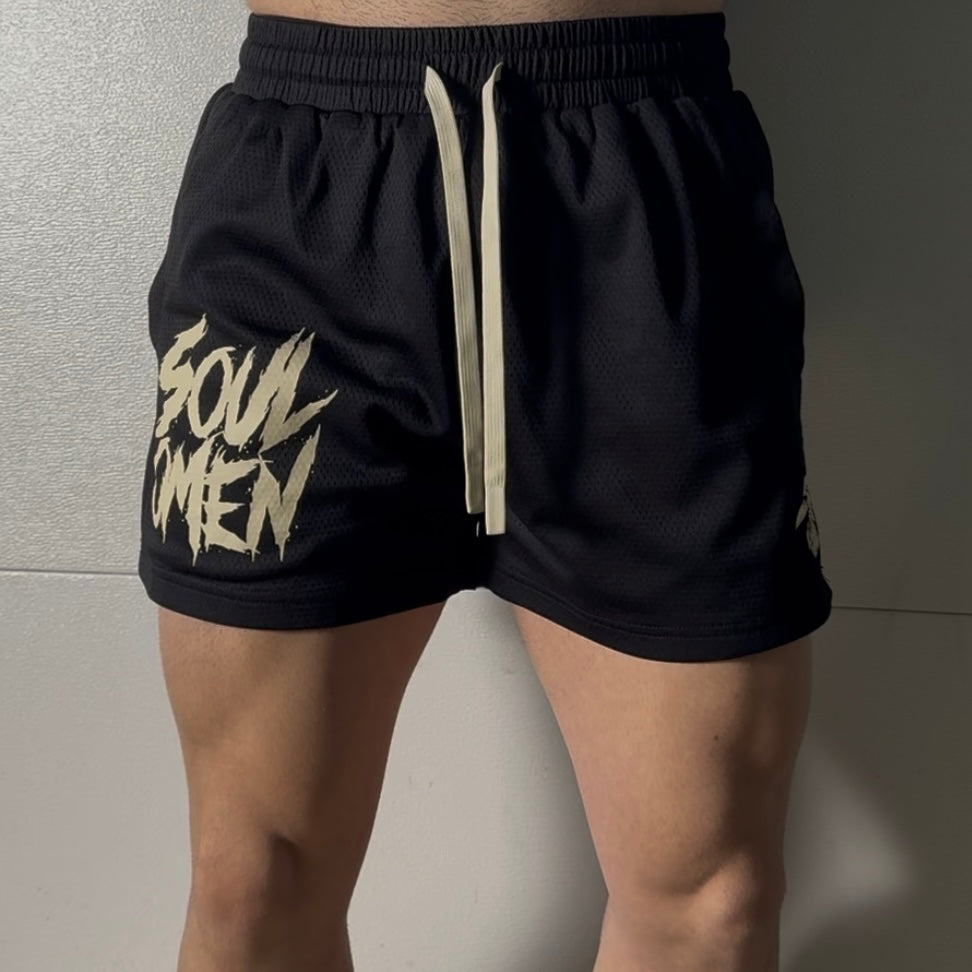 MID THIGH MESH SHORTS - BLACK / CREAM