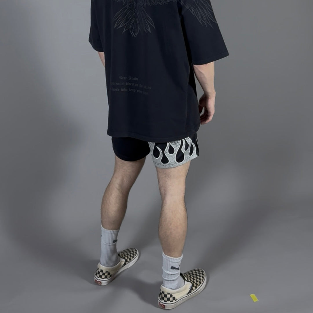 "FLAMES" MID THIGH MESH SHORTS - BLACK / GRAY