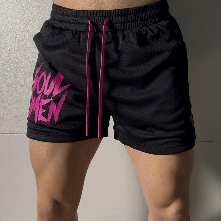 MID THIGH MESH SHORTS - BLACK / PINK