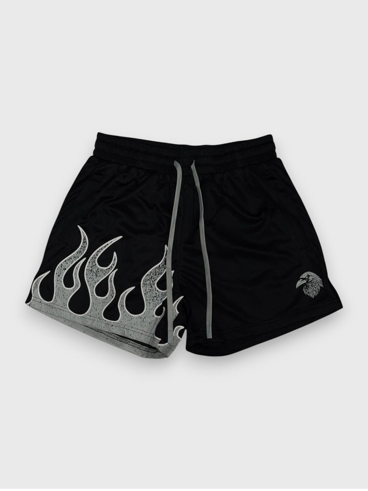 "FLAMES" MID THIGH MESH SHORTS - BLACK / GRAY