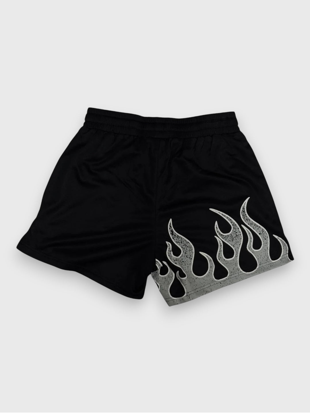 "FLAMES" MID THIGH MESH SHORTS - BLACK / GRAY
