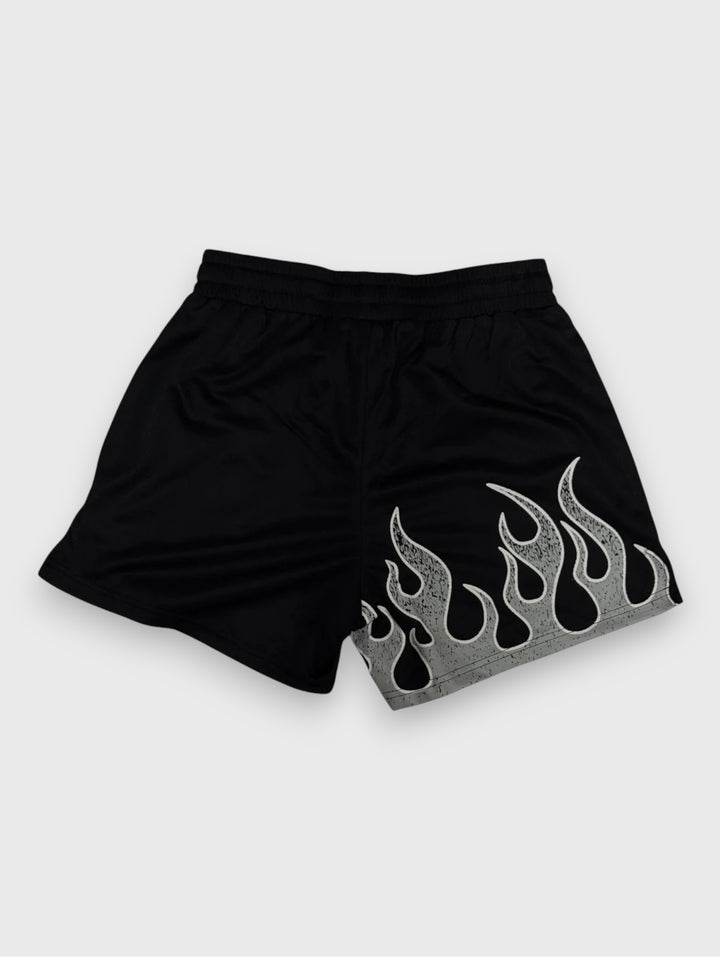 "FLAMES" MID THIGH MESH SHORTS - BLACK / GRAY