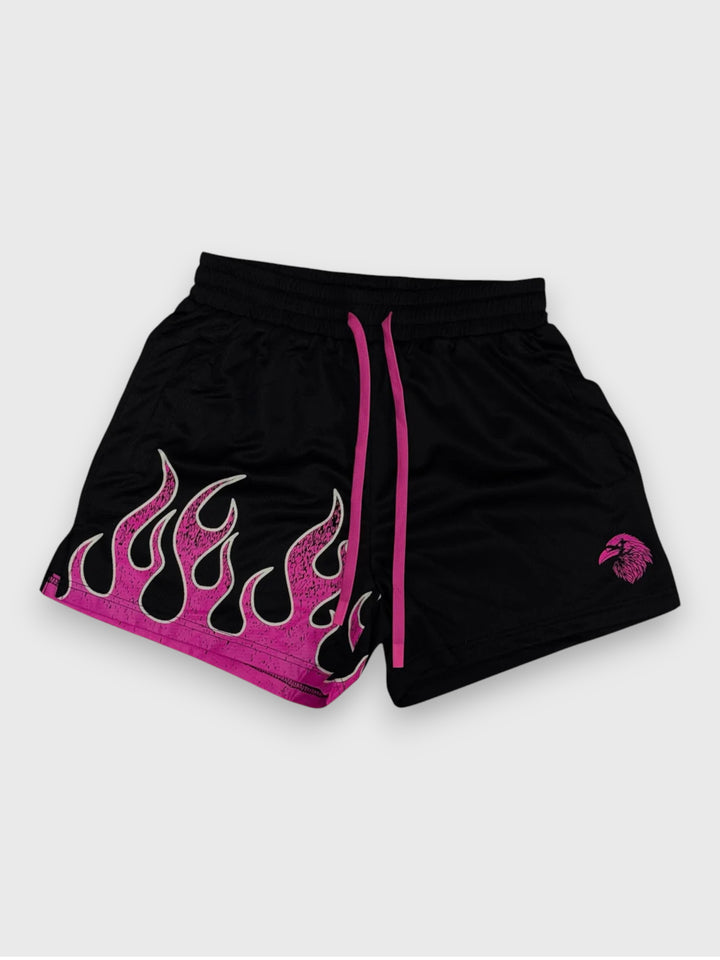 "FLAMES" MID THIGH MESH SHORTS - BLACK / PINK