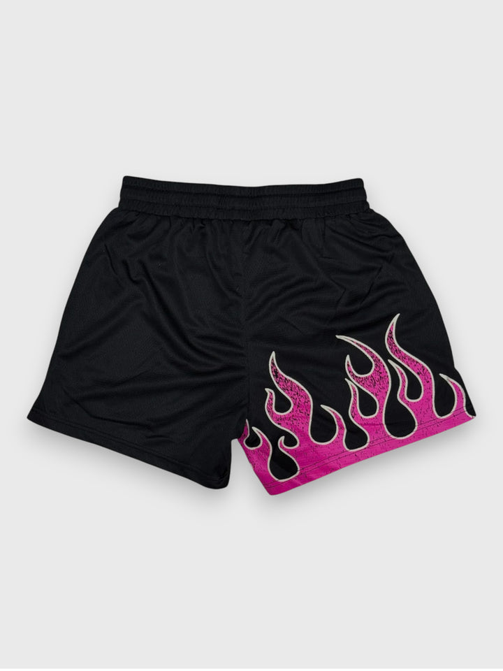 "FLAMES" MID THIGH MESH SHORTS - BLACK / PINK