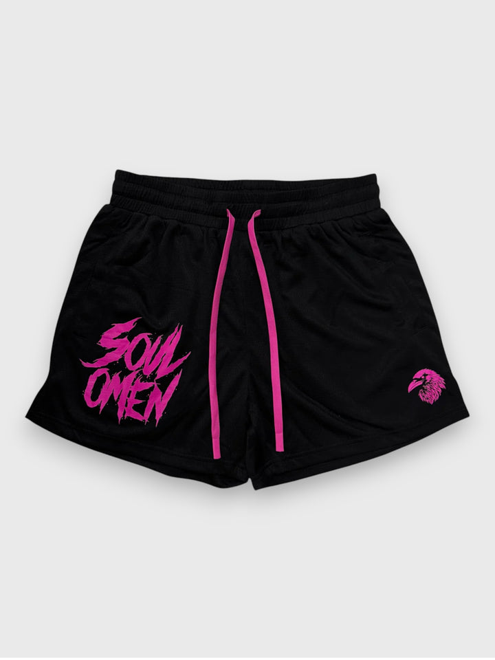 MID THIGH MESH SHORTS - BLACK / PINK